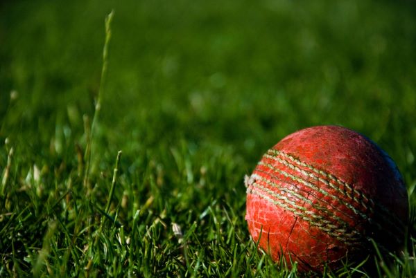 A red cricket ball against lush field