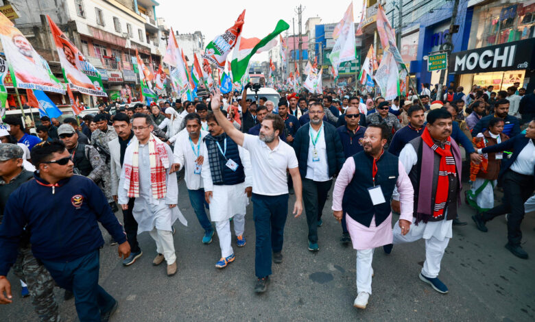 Congress leader Rahul Gandhi waves at supporters during the Bharat Jodo Nyay Yatra, in Majuli on Friday. UNI
