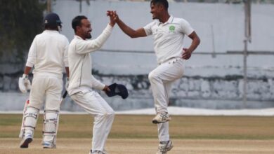 Meghalaya's Ram Gurung (right) is congratulated by captain Kishan Lyngdoh on taking a wicket. Photo sourced