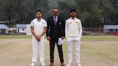 Meghalaya captain Kishan Lyngdoh (right) at the toss with Sikkim captain Nilesh Lamichaney and the match referee. Photo sourced