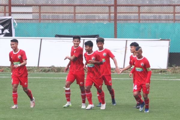 Shillong Lajong's Deibormame Tongper (second from left) celebrates his second goal with teammates. Photo sourced
