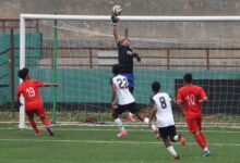 Sawmer goalkeeper Pyrshang Dkhar gets his fingertips to the ball to keep it away from danger. Photo sourced