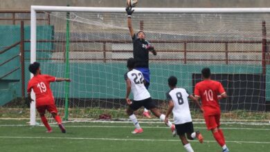 Sawmer goalkeeper Pyrshang Dkhar gets his fingertips to the ball to keep it away from danger. Photo sourced
