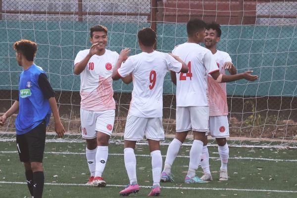 Langsning's Nelson Rymbai (No. 10) celebrates after scoring his second goal. Photo sourced