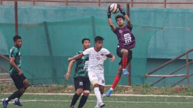 Nangkiew Irat goalkeeper Rihoklang Khongjoh collects a cross. Photo sourced