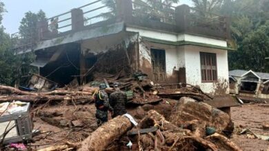 A damaged house at Mundakkai in Wayanad on Tuesday. UNI photo