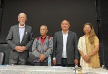 Historian David Syiemlieh (left), Prof TT Haokip (third from left) and Dr D Khonglah (right). Photo sourced