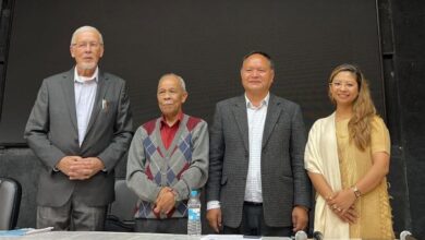 Historian David Syiemlieh (left), Prof TT Haokip (third from left) and Dr D Khonglah (right). Photo sourced