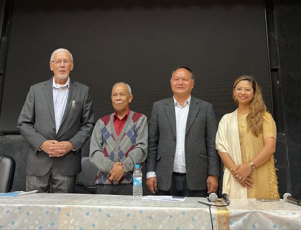 Historian David Syiemlieh (left), Prof TT Haokip (third from left) and Dr D Khonglah (right). Photo sourced