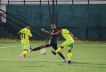 Mawlai's Khrawkupar Jana (right) shoots his second goal. Photo sourced