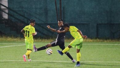 Mawlai's Khrawkupar Jana (right) shoots his second goal. Photo sourced