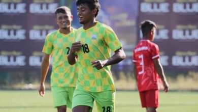 Mawlai's Khrawkupar Jana celebrates after scoring his hat-trick goal on Monday. File photo sourced