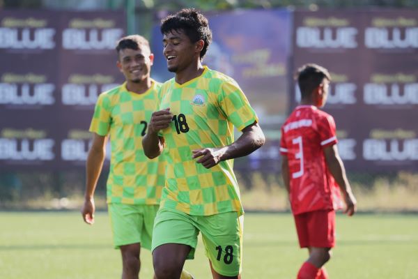 Mawlai's Khrawkupar Jana celebrates after scoring his hat-trick goal on Monday. File photo sourced