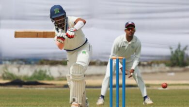 Meghalaya's Kishan Lyngdoh plays a shot on the leg side for four. Photo sourced