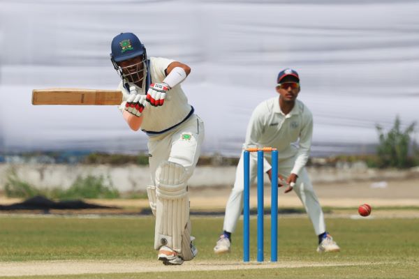 Meghalaya's Kishan Lyngdoh plays a shot on the leg side for four. Photo sourced