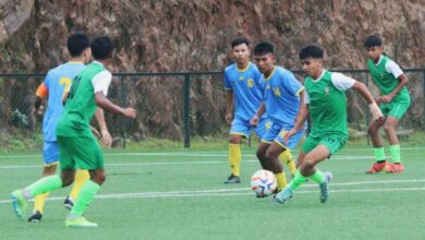 U-16 Williamnagar DSA (blue) vs Shillong SA (green). Photo sourced