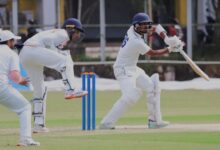 Meghalaya's Arpit Bhatewar watches as a shot he plays goes on the offside. Photo sourced