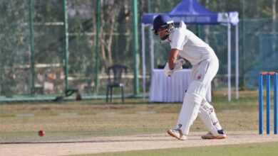 Delhi's Aaryavir Sehwag prepares to play a shot. Photo sourced