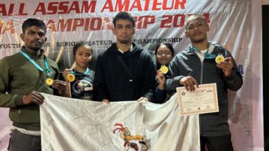 (From left) Kaushik Dey, Ribhalang Sunn, Coach Darren Kharshandy, Shailang Lamurong and Angtang Shadap. Photo sourced