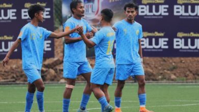 Nongrim Hills' Alem Khongwir (second left) is congratulated by teammates after scoring his first goal. Photo sourced