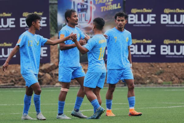 Nongrim Hills' Alem Khongwir (second left) is congratulated by teammates after scoring his first goal. Photo sourced