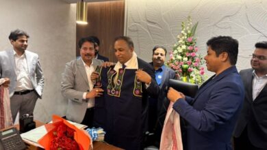 MCA President Naba Bhattacharjee felicitates new BCCI Secretary Devajit Saikia. Photo sourced