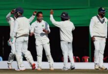 Meghalaya's Wanlambok Nongkhlaw (centre) is congratulated on taking the wicket of Odisha's Govinda Poddar. Photo sourced