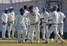 Odisha players commiserate with Meghalaya's Jaskirat Singh Sachdeva after the latter was dismissed. Photo sourced