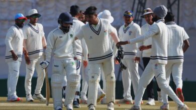 Odisha players commiserate with Meghalaya's Jaskirat Singh Sachdeva after the latter was dismissed. Photo sourced