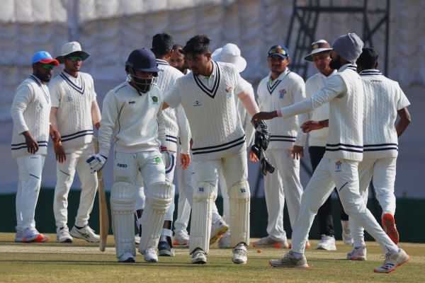 Odisha players commiserate with Meghalaya's Jaskirat Singh Sachdeva after the latter was dismissed. Photo sourced