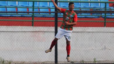 Nongthymmai's Donboklang Majaw celebrates scoring his goal. Photo sourced