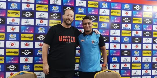 NEUFC coach Juan Pedro Benali (left) with Alaaeddine Ajaraie in Shillong on Thursday. Photo by MM