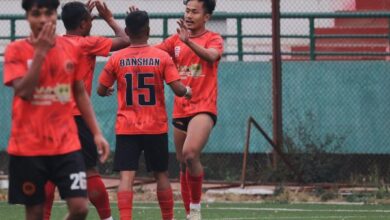 Nangkiew Irat's Gobindash Singh (right) is congratulated after scoring his second goal. Photo sourced