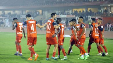 NEUFC Players celebrate after scoring a goal against HFC during the second half of the ISL match in Guwahati on January 29. Photo sourced