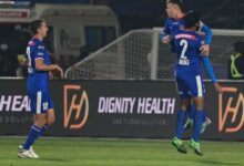 BFC's Alberto Noguera celebrates with teammates Rahul Bheke and Pedro Capo after scoring against NEUFC at Jawaharlal Nehru Stadium in the city on Friday. Photo sourced