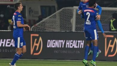 BFC's Alberto Noguera celebrates with teammates Rahul Bheke and Pedro Capo after scoring against NEUFC at Jawaharlal Nehru Stadium in the city on Friday. Photo sourced