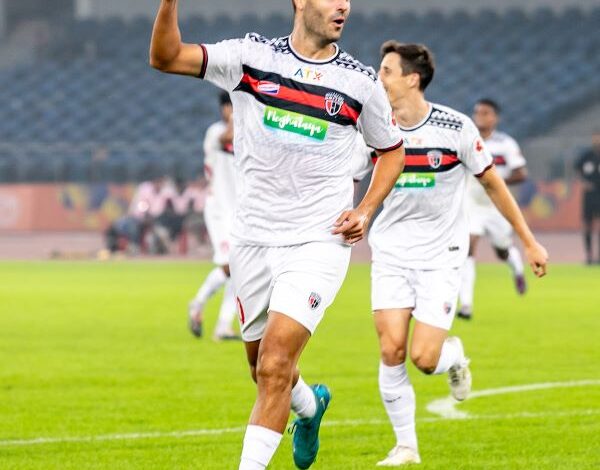 A file photo of NEUFC's Nestor Albiach celebrating after scoring. Photo sourced