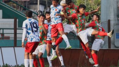 Nongthymmai in red-green-white were twice behind in the game but ended winning 3-2 against Sawmer in white-blue-red players. Photo sourced