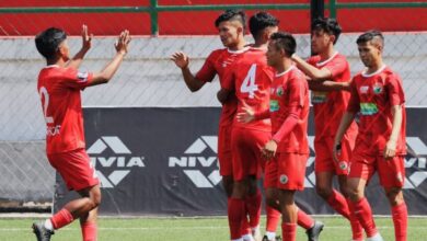 Shillong Lajong's Deibormame Tongper (second left) celebrates with teammates after scoring his first goal. Photo sourced