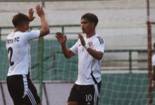 Ryntih's Andy Mawthoh (right) is congratulated after scoring his second goal. Photo sourced