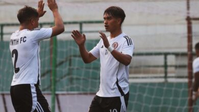 Ryntih's Andy Mawthoh (right) is congratulated after scoring his second goal. Photo sourced