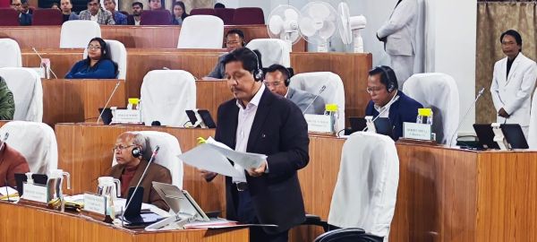 Chief Minister Conrad Sangma speaks the railway fund in the House on Tuesday. Photo by MM