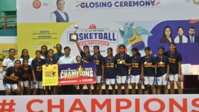 Tamil Nadu women champions receive the trophy from Assam CM Himanta Biswa Sharma. Photo sourced