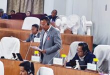 Minister Rakkam Sangma replies to the question of non-payment of salary to college teachers, in the Assembly on Tuesday. Photo by MM