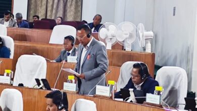 Minister Rakkam Sangma replies to the question of non-payment of salary to college teachers, in the Assembly on Tuesday. Photo by MM