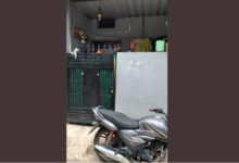 Raj Kushwaha's bike in front of Vishal Chauhan's house. Photo by Swati Shaiwal in Indore