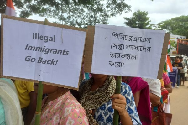 Tripura protesters with placards against PCJSS. Photo sourced