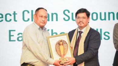 Jefferson Kynjing accepts the award from Chief Minister Conrad Sangma. Photo sourced
