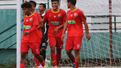 Deibormame Tongper (centre) of Shillong Lajong celebrates his goal with teammates. Photo sourced