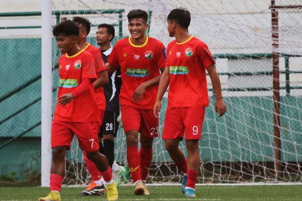 Deibormame Tongper (centre) of Shillong Lajong celebrates his goal with teammates. Photo sourced